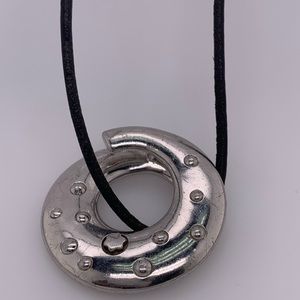 Mont Blanc Silver Circle And Leather Necklace